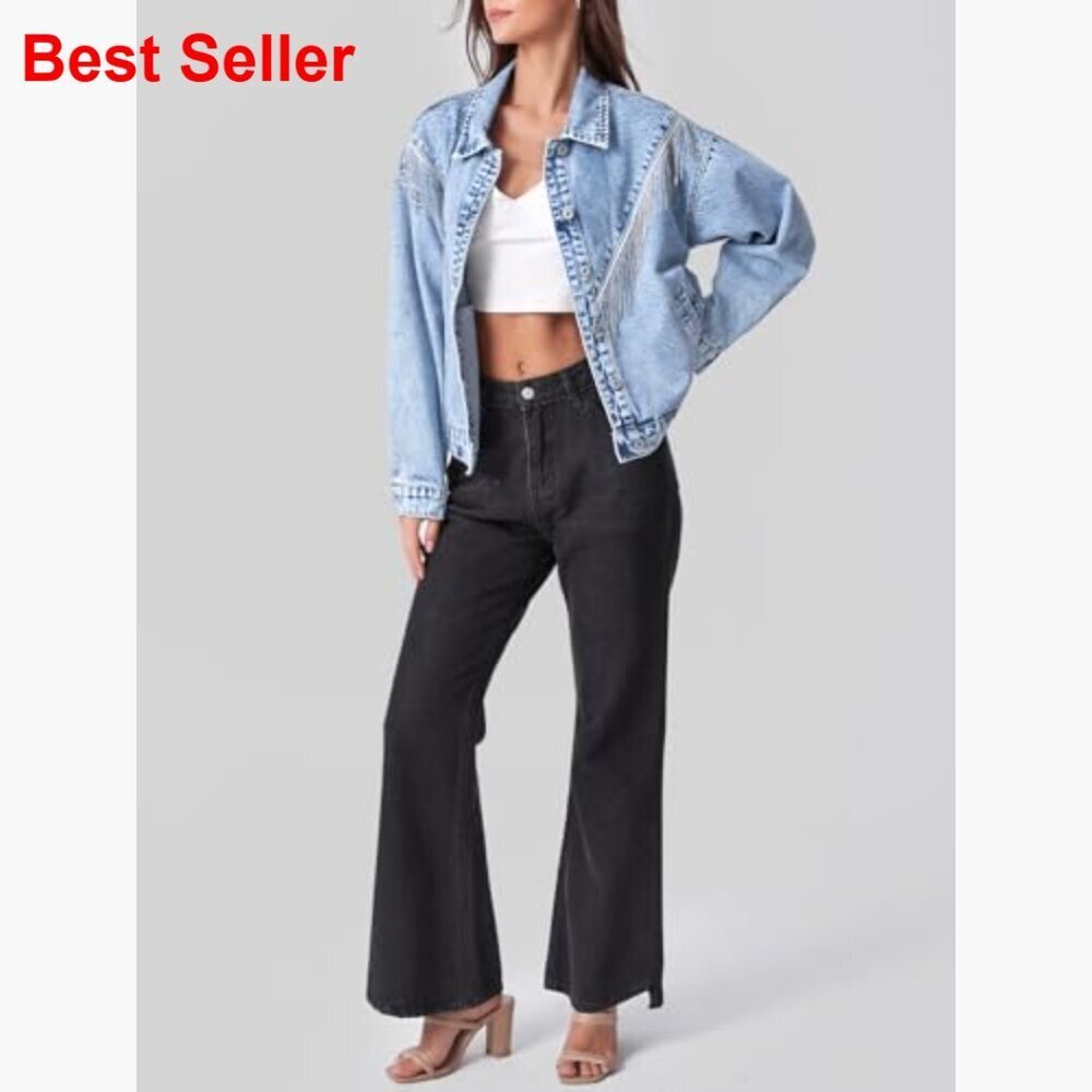 Fringed Denim Jacket Oversized Tassel Sparkly Western Style - Picture 5 of 7